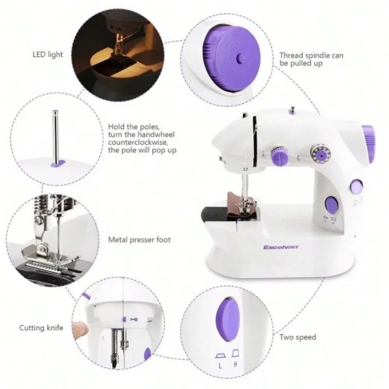 Máquina de costura elétrica portátil com controle de velocidade da luz para costura doméstica, acessórios de costura doméstica