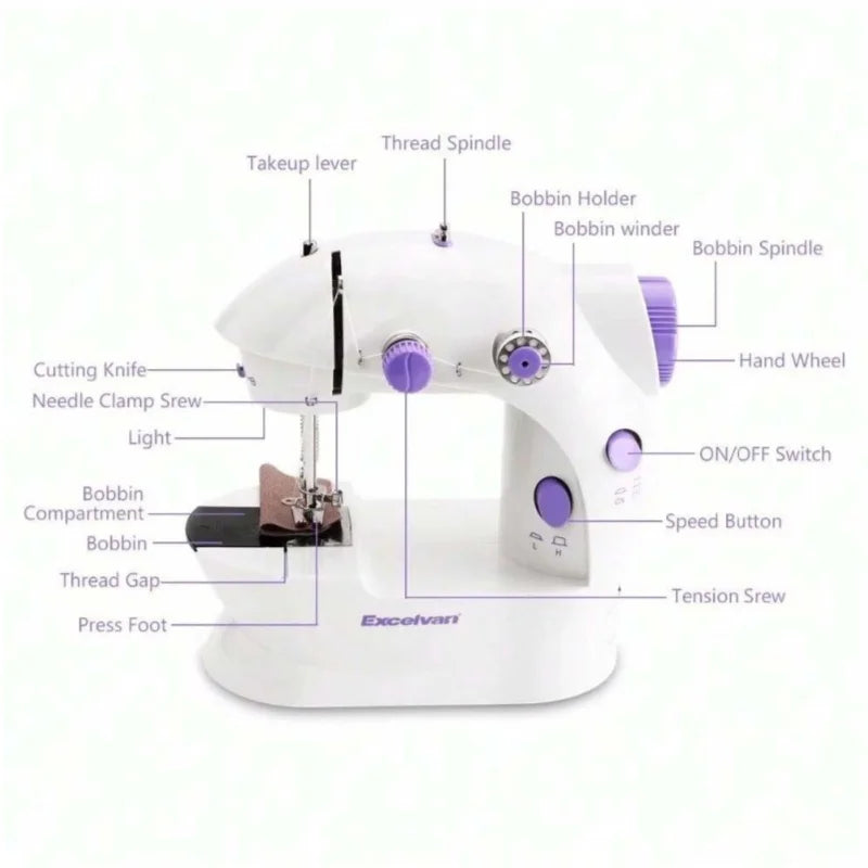 Máquina de costura elétrica portátil com controle de velocidade da luz para costura doméstica, acessórios de costura doméstica